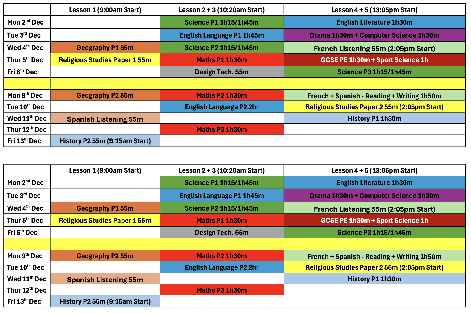 Year 11 Mock Exam Timetable - Mon 2nd December 2024